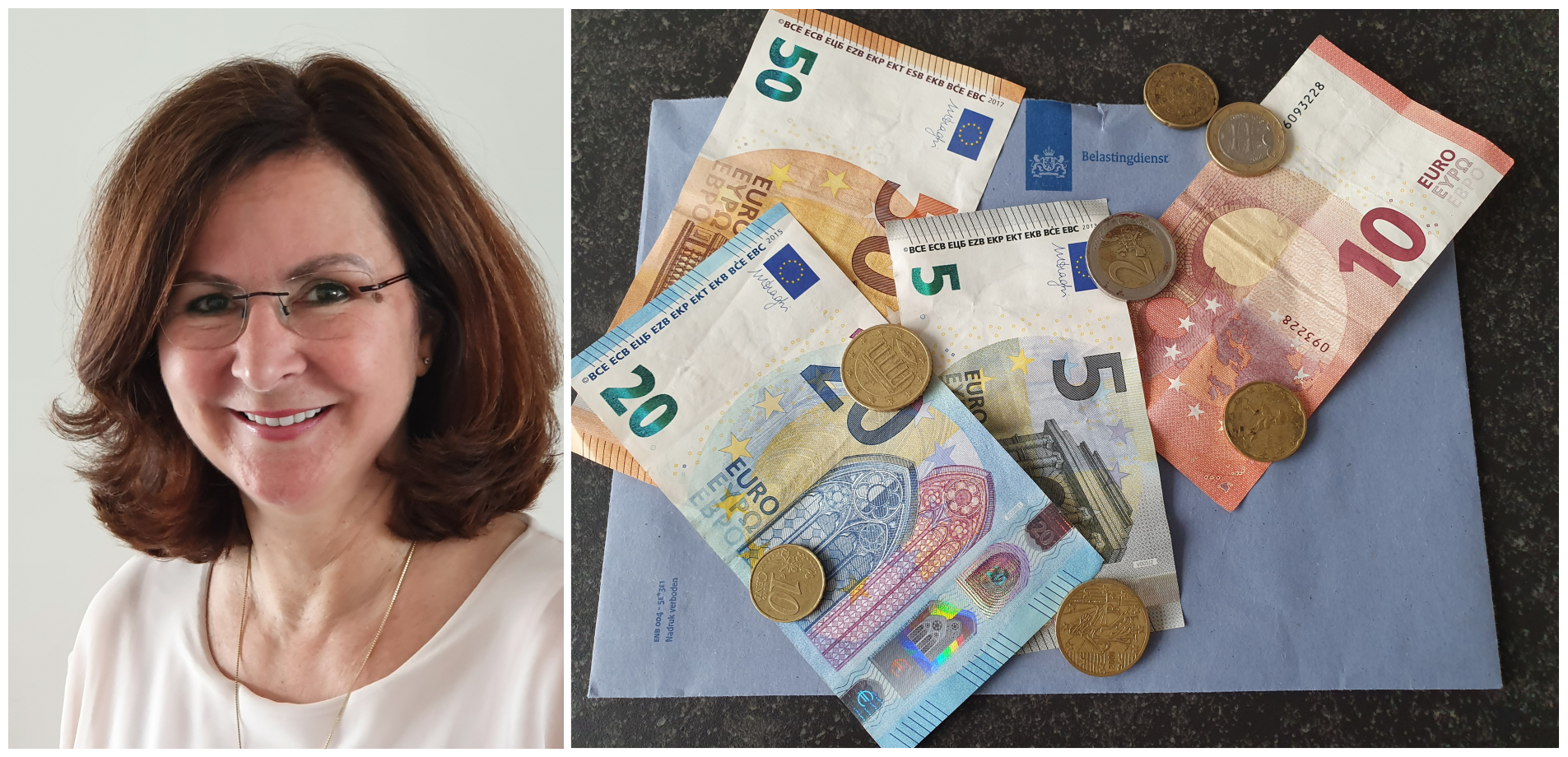 Petra Mengelers naast eurobiljetten en een envelop van de Belastingdienst
